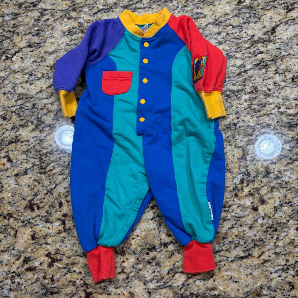 Vintage Gymboree Colorblock Romper Parrot Patch Newborn 90s Retro Cotton Baby v